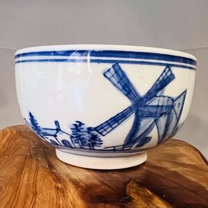 Vintage Delft Flow Blue White Heavy Bowl Windmills Ships Birds Houses Dutch